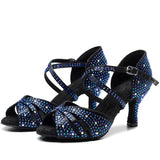 <transcy>Женская танцевальная обувь для вечеринок, атласная обувь для латинских танцев сальсы со стразами и мягкой подошвой, женская танцевальная обувь на каблуке</transcy>