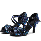 Ladies Party Dance Shoes Satin Soft Bottom Rhinestone Latin Salsa Dance Shoes For Women Heel
