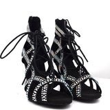 Satin Black Rhinestones Dance Boots Fashion Latin Salsa Women High Heel Ballroom Dance Shoes