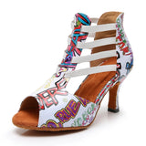 Latin Dance Boots Multicolor Pattern White PU Party Dance Boots Women Ballroom Dancing Shoes
