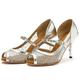 PU Mesh Women Latin Ballroom Dance Shoes Buckle Peep Toe Soft Sole Dance Shoes Silver