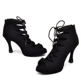 Women's Latin Dance Shoes Ballroom Tango Platform Ladies Comfortable Flock Salsa Dancing Shoes Black 9cm Cuban