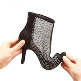<transcy>Mujer Salón Social Salón de baile Latino Salsa Botas de baile Malla Fiesta Zapatos de baile con Sandalias de tacón en la espalda de satén negro</transcy>