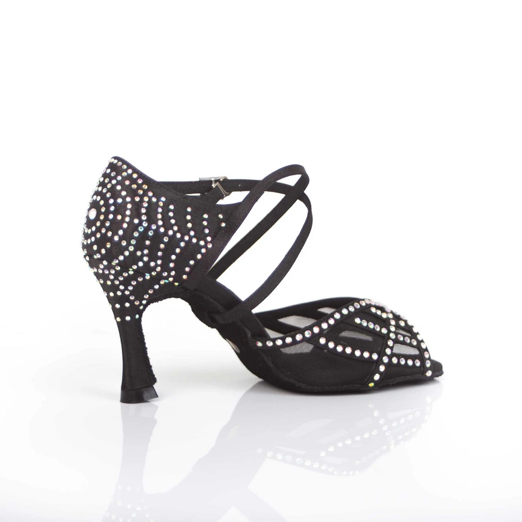Satin Mesh Dance Shoes Black Women Customized Heel Latin Ballroom Salsa Dancing Shoes Rhinestone