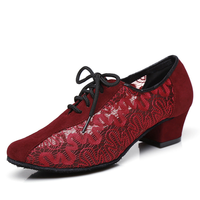 Flock Lace Modern Dance Shoes For Women Red Brown Black Samba Jazz Tango Latin Dancing Shoes