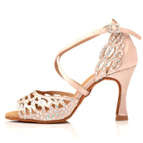 Woman Rhinestone Dance Shoes For Women Apricot Black Satin Salsa Latin Dance Shoes