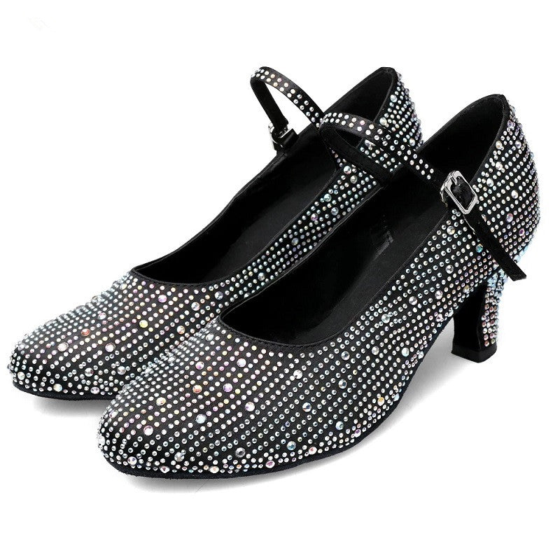 <transcy>Женская обувь для современного танца, черная атласная обувь со стразами, для вечеринок, свадьбы, с закрытым носком, танцевальная обувь для латиноамериканских танцев, каблук</transcy>