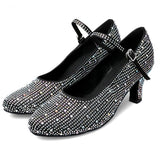 Women's Modern Dance Black Satin Rhinestone Party Wedding Closed-toe Practice Dancing Shoes Latin Dancer Heel