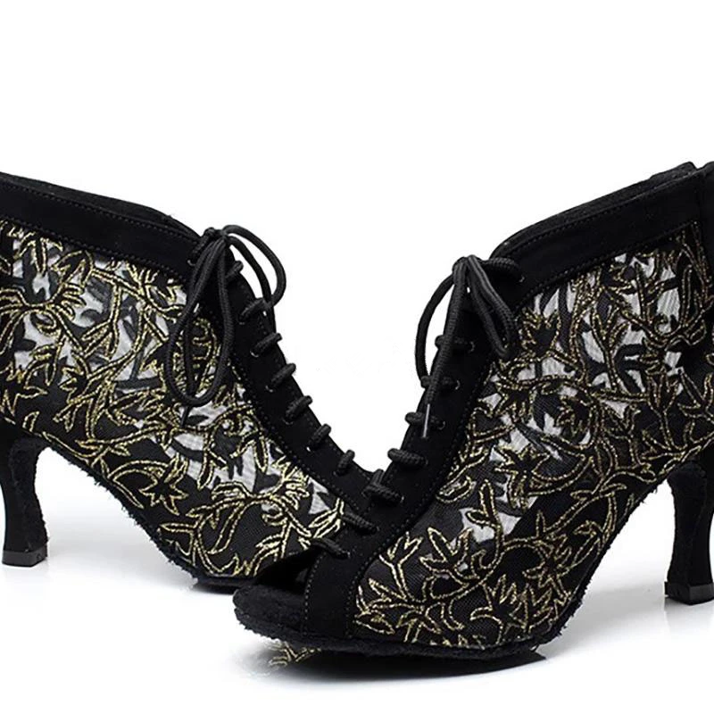 Women's Flocking Lace Customized Heel Ballroom Latin Dance Shoes Booties Black