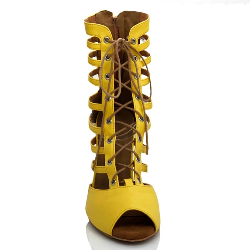 Women Dance Boots For High Heel Yellow PU Girls Soft Bachata Salsa Ballroom Dancing Shoes