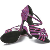 Women's Latin Dance Shoes Tango Ballroom Dance Training Shoes Lady Girls Sandals Rhinestone Wedding High Heels Purple Black