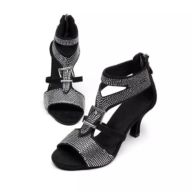 Ladies Party Dance Shoes Black Shiny Rhinestone Soft Bottom Latin Dance Shoes Heels