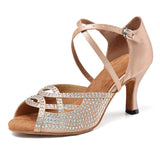 <transcy>Zapatos de baile latino para mujer, zapatos de baile de salsa de tacón alto con diamantes de imitación, zapatos de baile de salón de suela suave para mujer</transcy>