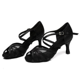 Black Brown Latin Dance Shoes For Women Girls Satin Mesh Ballroom Salsa Dancing Shoes