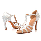 Latin Dance Shoes Women Silver Pink Satin Dance Shoes Salsa Girls Rhinestone Ballroom Dance Shoes