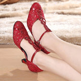 Women Lace Latin Dance Shoes Red Closed Toe Modern Salsa Dancing Shoes Wedding Party Summer Sandals