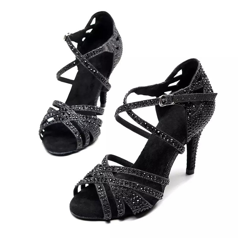 Jazz Salsa Latin Dance Shoes Dancing Woman Sexy Heels Rhinestone Black Shoes