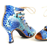Bachata Latin Dance Shoes Blue Snake PU Pattern Upper High Heel Salsa Ballroom Dancing Shoes For Women