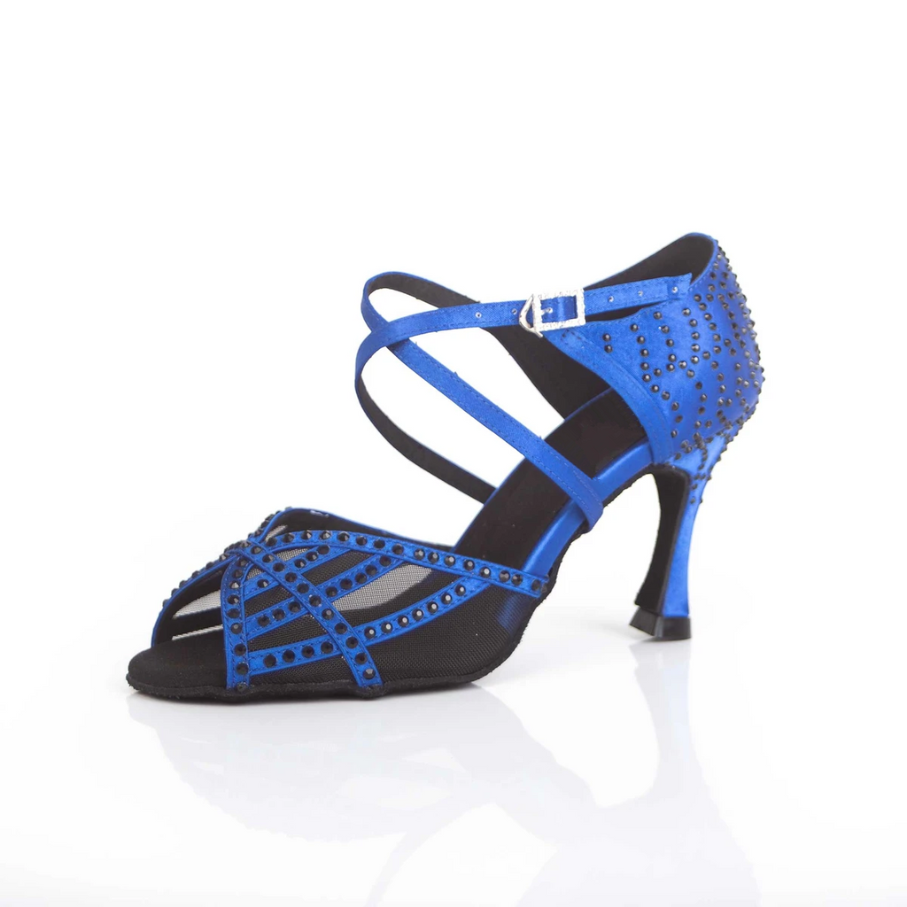 Satin Mesh Dance Shoes Blue Women Customized Heel Latin Ballroom Salsa Dancing Shoes Rhinestone