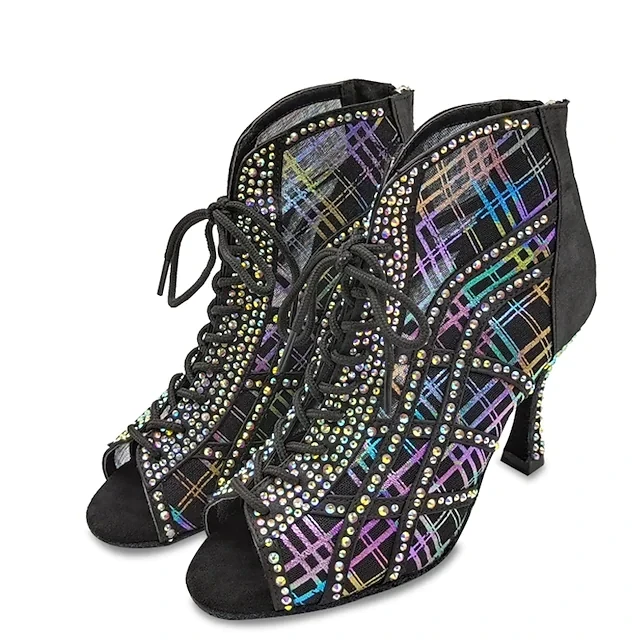 Women's Customized Heel Latin Dance Ankle Boots Ballroom Salsa Dance Shoes Black Rhinestone