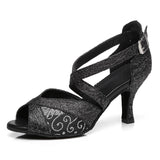 Women Black High Heels Salsa Dance Shoes Girls Glitter Latin Ballroom Dancing Sandals