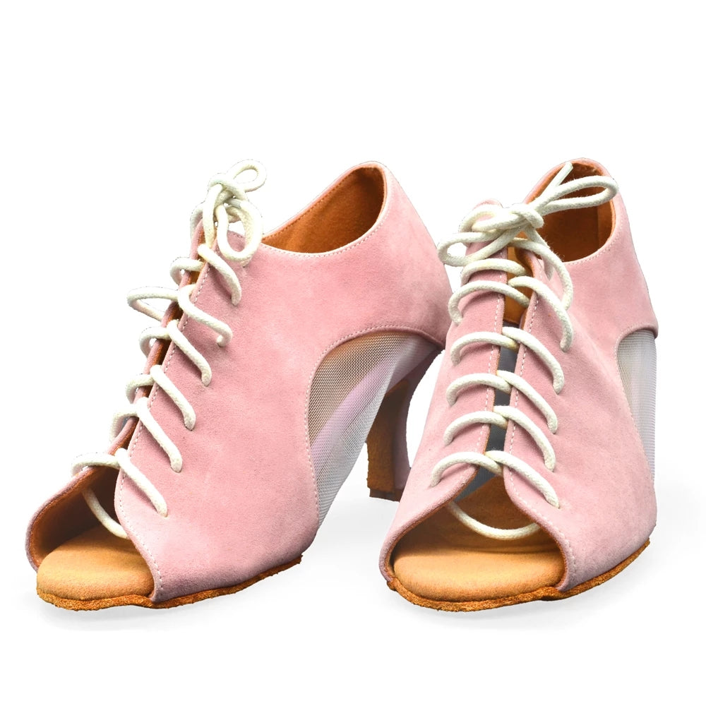 Women Party Ballroom Shoes Pink Lace-up Soft Sole Mesh Latin Salsa Ballroom Dance Shoes Custom Heel