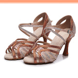 Gilrs Rhinestone Latin Ballroom Dance Shoes Black Bachata Salsa Dancing Shoes for Women High Heel Sandals