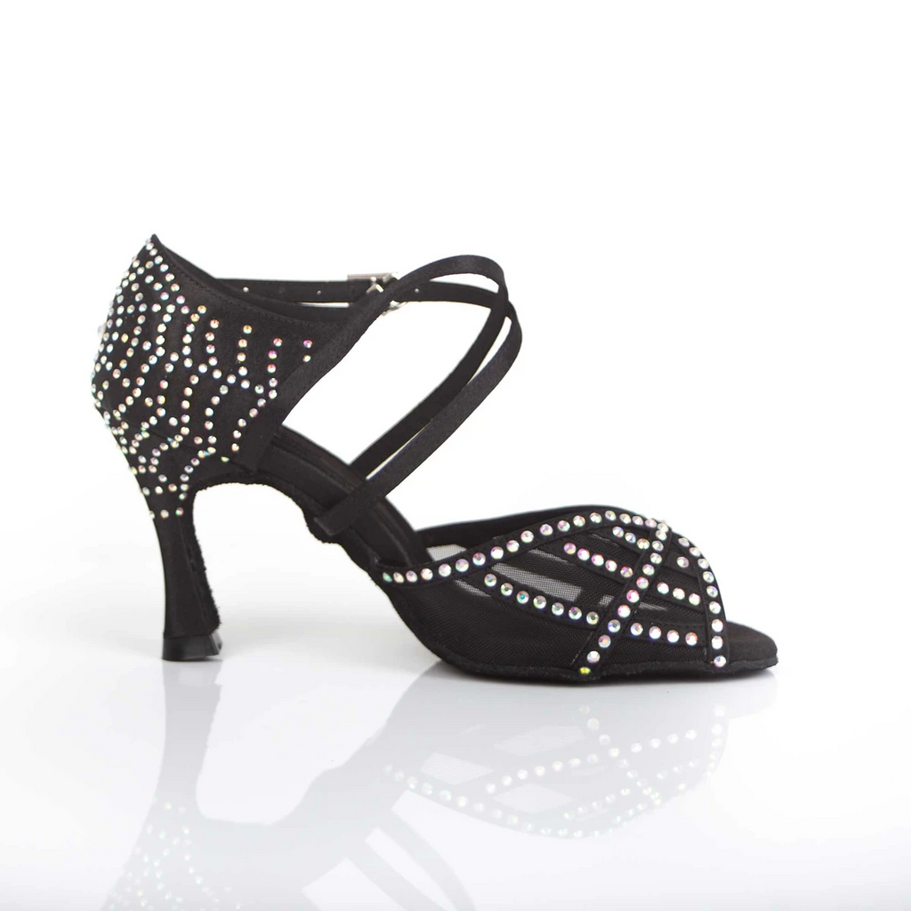 Satin Mesh Dance Shoes Black Women Customized Heel Latin Ballroom Salsa Dancing Shoes Rhinestone