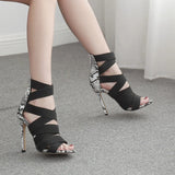 Women Party Sandals Dance Boots Black High Heel Elastic Band Latin Salsa Ballroom Dance Shoes