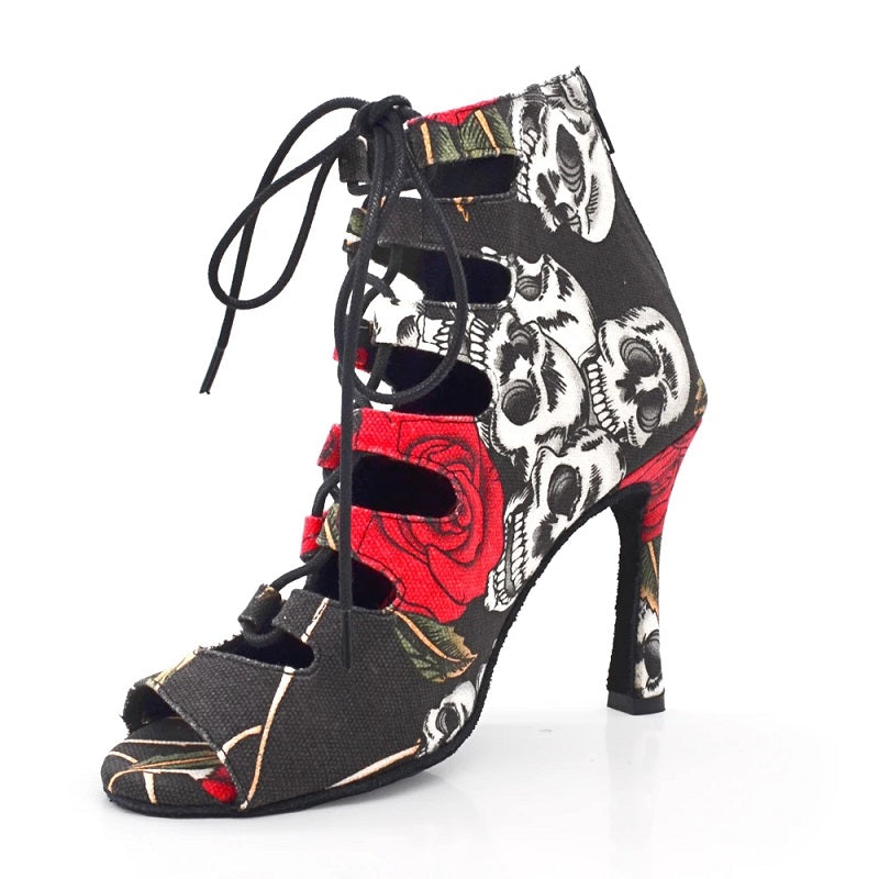 Professional Ballroom Dance Shoes Ladies Skull Salsa Dance Shoes Suede 10cm Heeled Women Latin Dance Boots