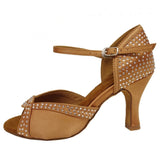 Rhinestone Latin Dance Shoes Salsa Tango Dancing Shoes For Women Brown Customized Heels And Colors