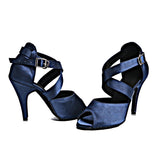 Latin Dance Shoes Dark Blue Satin Women's High Heel 10cm Salsa Shoes Soft Outsole