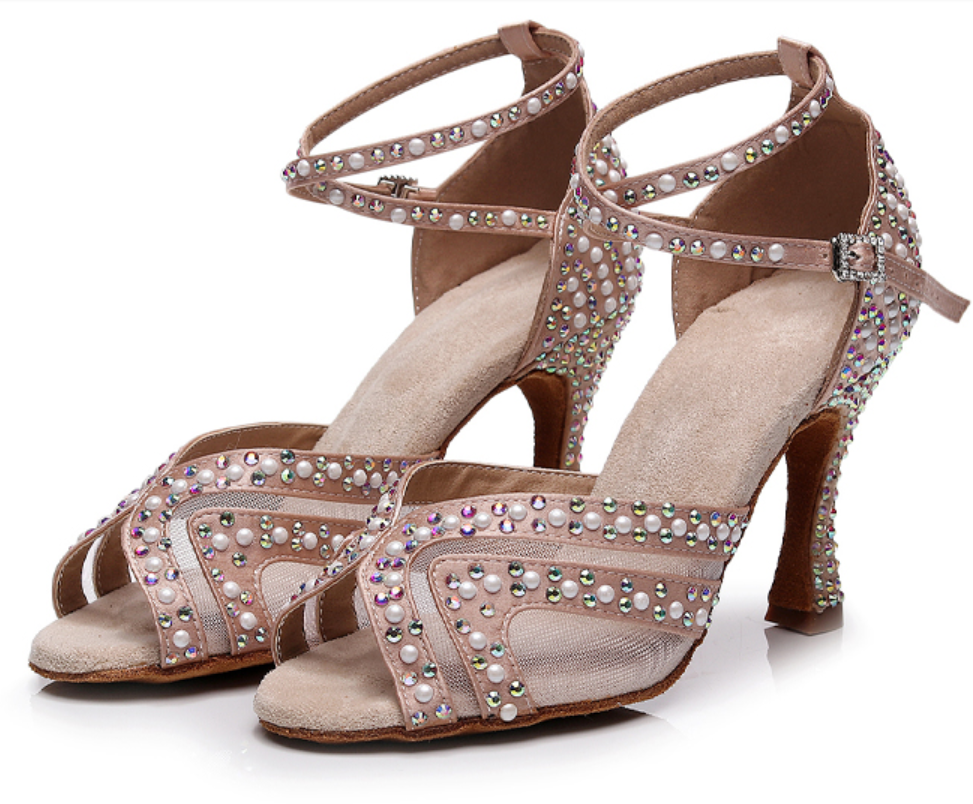 Women Rhinestone Latin Dance Shoes for Girls Soft Bottom Salsa Shoes High Heel Sandals