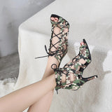 <transcy>Zapatos de baile de salsa latina para salón de baile para mujer, botas de camuflaje verde militar, sandalias con cordones de tobillo de boda para fiesta social de PU</transcy>