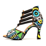 Latin Dance Shoes Ladies Dance Boots Elastic Band Adjustment Ballroom Blue African Texture Dance Shoes