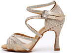 Latin Dance Shoes Gold Glitter Rhinestones Mesh Women's Ballroom Dancing Shoes Salsa Soft High Heel
