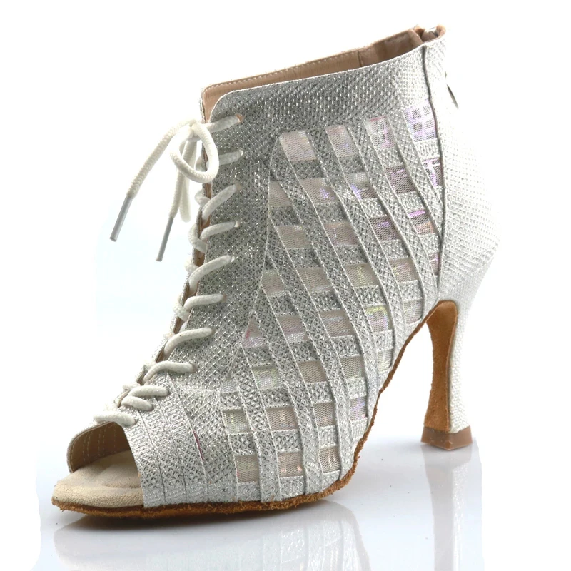 Women Ankle Dance Boots Silver Customized Heel Latin Ballroom Tango Salsa Dancing Shoes Silver