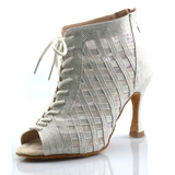 Women Ankle Dance Boots Silver Customized Heel Latin Ballroom Tango Salsa Dancing Shoes Silver