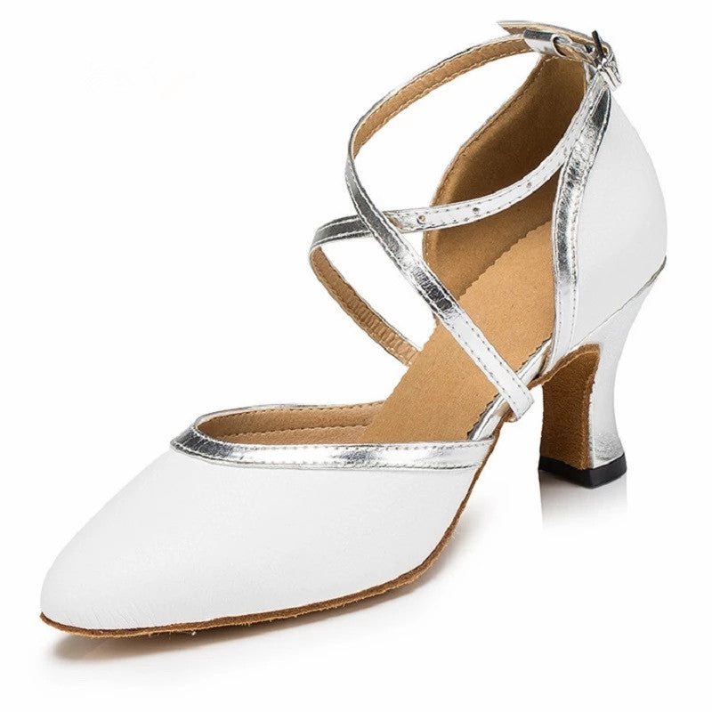 White Modern Dance Shoes Women Girls Pointed Toe Laitn Ballroom Samba Shoes