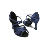 Satin Rhinestone Women Dance Shoes Black Blue Latin Ballroom Salsa Tango Custom Dancing Shoes Heels