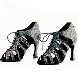 Black Rhinestone Latin Dance Shoes Satin Ballroom Tango Salsa Dancing Shoes For Women Girls