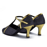 Black Gold PU Women's Custom Heel Latin Dance Shoes Ballroom Salsa Modern Dance Shoes