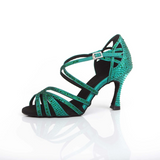 Green Dance Shoes For Women Customized Heel Satin Rhinestone Latin Ballroom Salsa Dancing Shoes