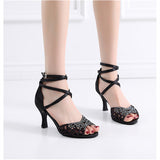 Women Rhinestion Latin Dance Shoes Black Soft Sole Ballroom Salsa Dancing Shoes for Girl Summer Wedding Party Sandals
