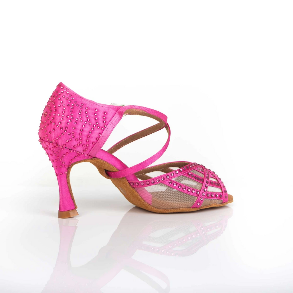 Satin Mesh Dance Shoes Pink Women Customized Heel Latin Ballroom Salsa Dancing Shoes Rhinestone
