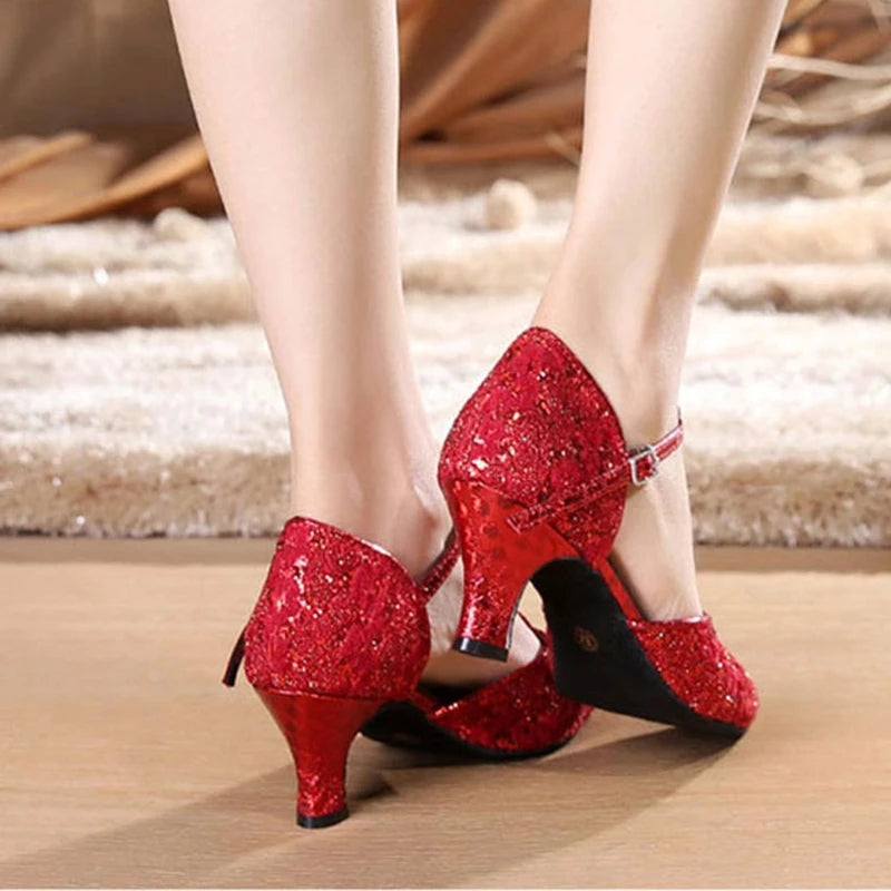 Women Lace Latin Dance Shoes Red Closed Toe Modern Salsa Dancing Shoes Wedding Party Summer Sandals