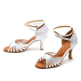 Ladies Latin Dance Shoes White Satin Flare Heels Women Ballroom Salsa Dancing Shoes