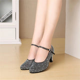 Women's Modern Dance Black Satin Rhinestone Party Wedding Closed-toe Practice Dancing Shoes Latin Dancer Heel