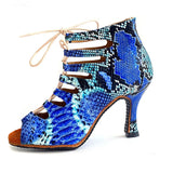 Bachata Latin Dance Shoes Blue Snake PU Pattern Upper High Heel Salsa Ballroom Dancing Shoes For Women