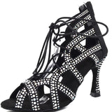 Satin Black Rhinestones Dance Boots Fashion Latin Salsa Women High Heel Ballroom Dance Shoes